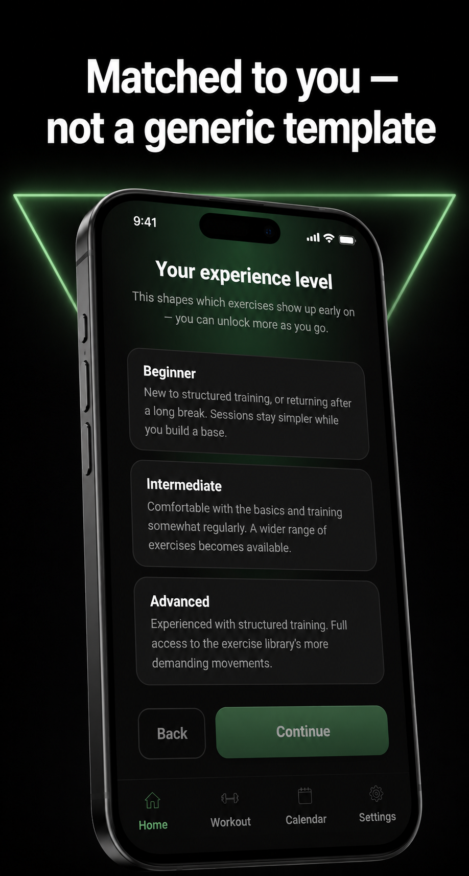 Experience level selection — beginner to advanced